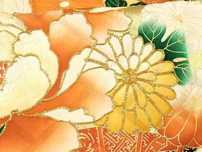 平和屋着物■豪華振袖　駒刺繍　扇面草花文　金彩　正絹　逸品　DABE6078cm