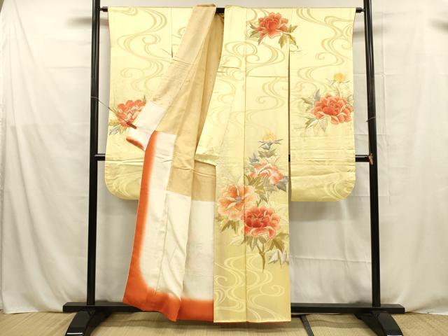 平和屋着物■豪華振袖　駒刺繍　流水草花文　金銀彩　正絹　逸品　DABE6079cm