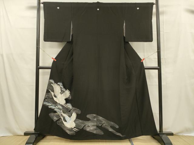 平和屋着物■黒留袖　刺繍　流水飛鶴松文　銀彩　洗える着物　DABE6087cm