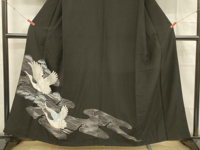 平和屋着物■黒留袖　刺繍　流水飛鶴松文　銀彩　洗える着物　DABE6087cm