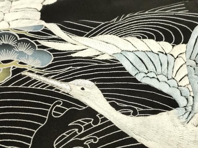 平和屋着物■黒留袖　刺繍　流水飛鶴松文　銀彩　洗える着物　DABE6087cm
