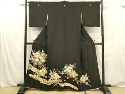 平和屋着物■豪華黒留袖　駒刺繍　宝尽くし花車文　藤花房　金彩　正絹　逸品　DABE6090cm