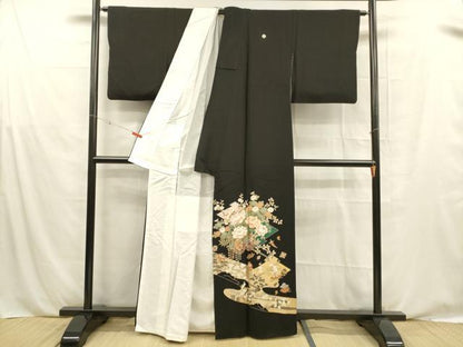 平和屋着物■豪華黒留袖　駒刺繍　宝尽くし花車文　藤花房　金彩　正絹　逸品　DABE6090cm