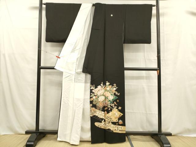 平和屋着物■豪華黒留袖　駒刺繍　宝尽くし花車文　藤花房　金彩　正絹　逸品　DABE6090cm