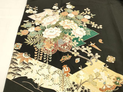 平和屋着物■豪華黒留袖　駒刺繍　宝尽くし花車文　藤花房　金彩　正絹　逸品　DABE6090cm