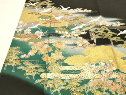 平和屋着物■豪華黒留袖　作家物　飛鶴風景花文　藤花房　暈し染め　金彩　正絹　逸品　DABE6092cm