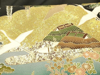 平和屋着物■豪華黒留袖　作家物　飛鶴風景花文　藤花房　暈し染め　金彩　正絹　逸品　DABE6092cm