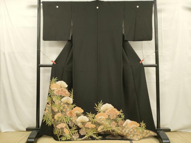 平和屋着物■豪華黒留袖　扇面宝尽くし花唐草文　松竹梅　金彩　正絹　逸品　DABE6101cm