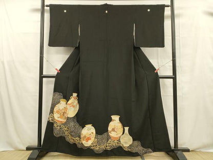 平和屋着物■豪華黒留袖　駒刺繍　器物笹竹花文　金彩　正絹　逸品　DABE6104cm