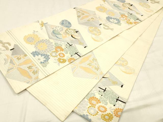 平和屋着物＊夏物 アンティーク 大正ロマン 丸帯 引き抜き帯 草花文 金銀糸 正絹 逸品 DABE6110cm