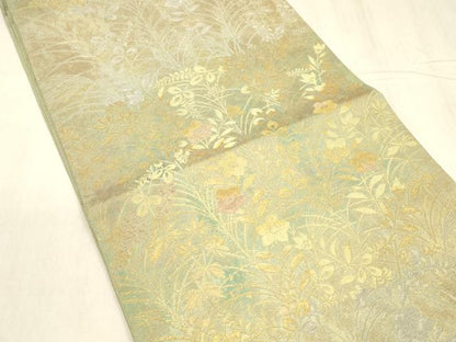 平和屋着物▽六通柄袋帯　スリーシーズン　春夏秋　草花文　金糸　引箔　正絹　逸品　DABE6115cm