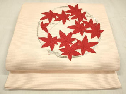 平和屋着物＊夏物 九寸開き名古屋帯 駒刺繍 総刺繍 草葉文 正絹 逸品 DABE6120cm