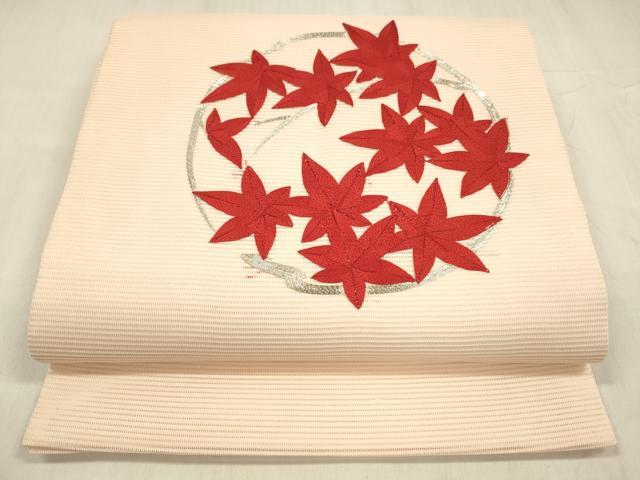 平和屋着物＊夏物 九寸開き名古屋帯 駒刺繍 総刺繍 草葉文 正絹 逸品 DABE6120cm