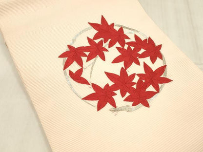 平和屋着物＊夏物 九寸開き名古屋帯 駒刺繍 総刺繍 草葉文 正絹 逸品 DABE6120cm