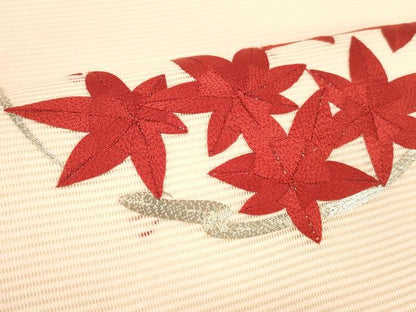 平和屋着物＊夏物 九寸開き名古屋帯 駒刺繍 総刺繍 草葉文 正絹 逸品 DABE6120cm