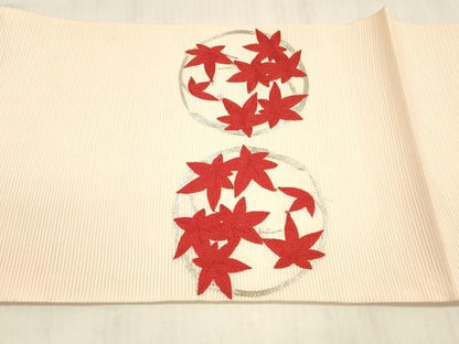 平和屋着物＊夏物 九寸開き名古屋帯 駒刺繍 総刺繍 草葉文 正絹 逸品 DABE6120cm