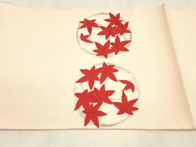 平和屋着物＊夏物 九寸開き名古屋帯 駒刺繍 総刺繍 草葉文 正絹 逸品 DABE6120cm