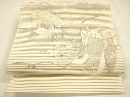 平和屋着物＊夏物　絽綴れ　八寸名古屋帯　御所車花文　金銀糸　正絹　逸品　DABE6121cm