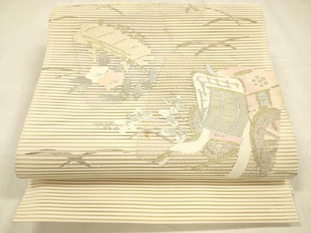 平和屋着物＊夏物　絽綴れ　八寸名古屋帯　御所車花文　金銀糸　正絹　逸品　DABE6121cm