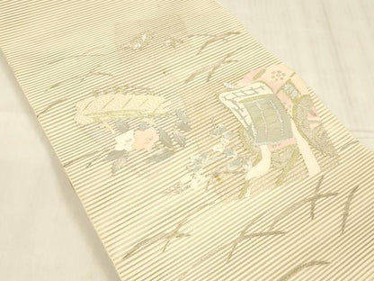 平和屋着物＊夏物　絽綴れ　八寸名古屋帯　御所車花文　金銀糸　正絹　逸品　DABE6121cm