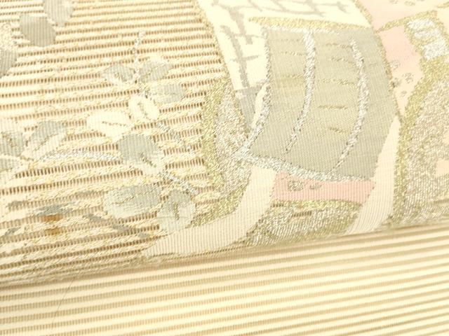 平和屋着物＊夏物　絽綴れ　八寸名古屋帯　御所車花文　金銀糸　正絹　逸品　DABE6121cm
