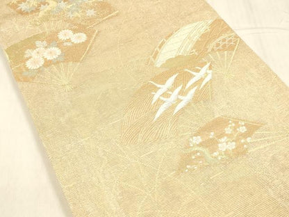 平和屋着物＊夏物 六通柄袋帯 扇面飛鶴花文 金銀糸 正絹 逸品 DABE6127cm