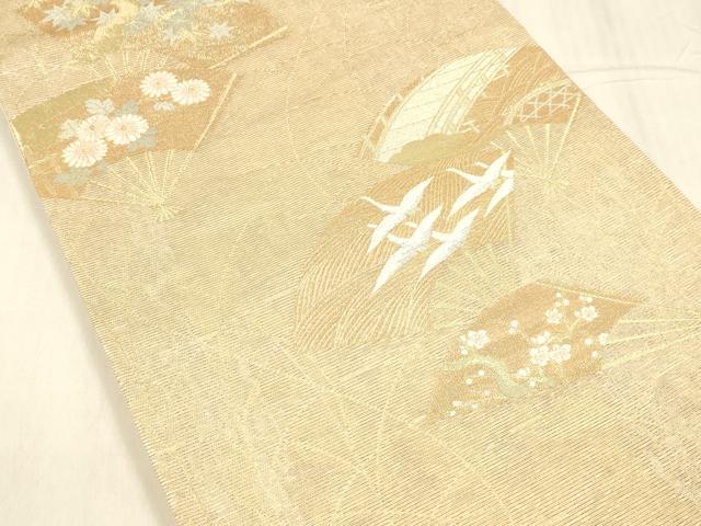 平和屋着物＊夏物 六通柄袋帯 扇面飛鶴花文 金銀糸 正絹 逸品 DABE6127cm
