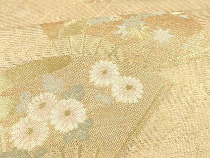平和屋着物＊夏物 六通柄袋帯 扇面飛鶴花文 金銀糸 正絹 逸品 DABE6127cm