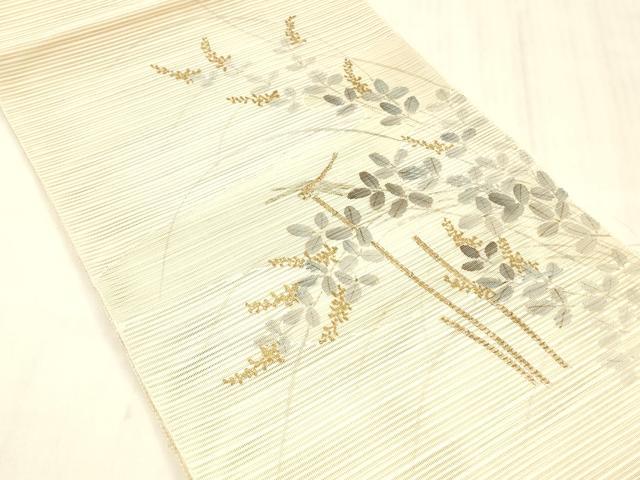 平和屋着物＊夏物 絽綴れ 八寸名古屋帯 作家物 蜻蛉草葉文 金彩 正絹 逸品 DABE6130cm