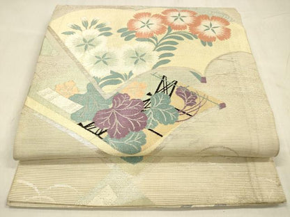 平和屋着物＊夏物 アンティーク 大正ロマン 丸帯 冊子草花文 銀糸 正絹 逸品 DABE6132cm