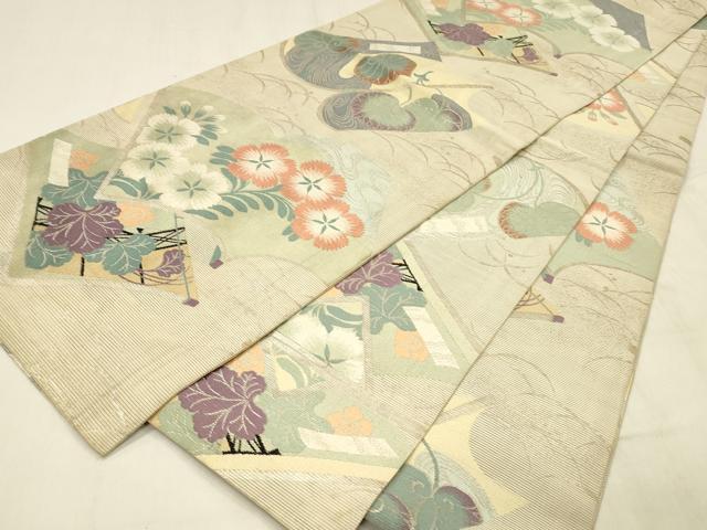 平和屋着物＊夏物 アンティーク 大正ロマン 丸帯 冊子草花文 銀糸 正絹 逸品 DABE6132cm