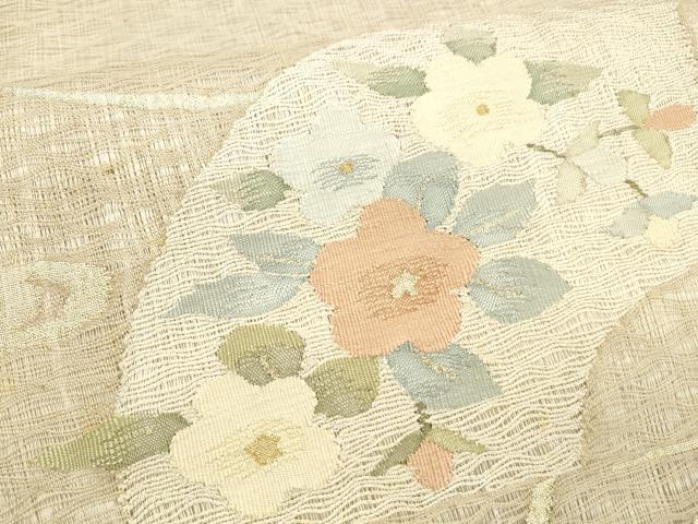 平和屋着物▽太鼓柄袋帯　スリーシーズン　春夏秋　すくい織　地紙草花文　金銀糸　正絹　逸品　DABE6135cm