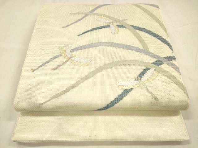 平和屋着物＊夏物 六通柄 本袋帯 蜻蛉草葉文 金銀糸 正絹 逸品 DABE6136cm