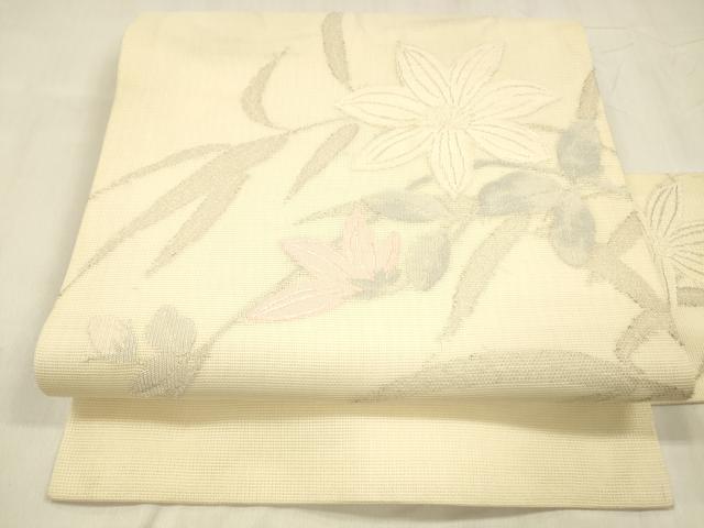 平和屋着物＊夏物 九寸名古屋帯 草花文 銀糸 正絹 逸品 DABE6137cm