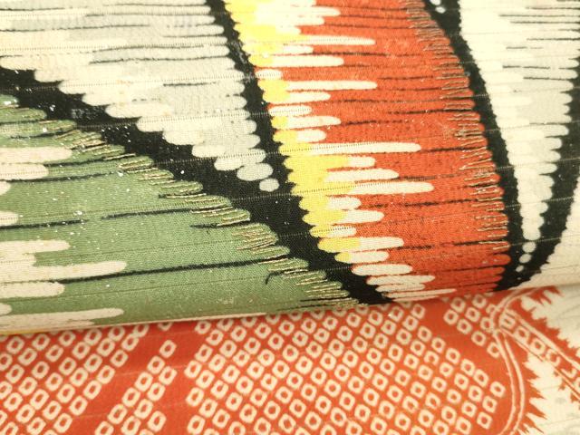 平和屋着物＊夏物 アンティーク 大正ロマン 九寸名古屋帯 絽縮緬 刺繍 鹿の子舞花文 金銀彩 正絹 逸品 DABE6146cm