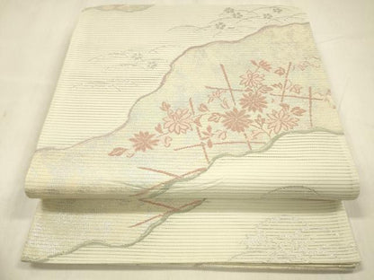 平和屋着物＊夏物 六通柄袋帯 草花文 銀糸 正絹 逸品 DABE6158cm