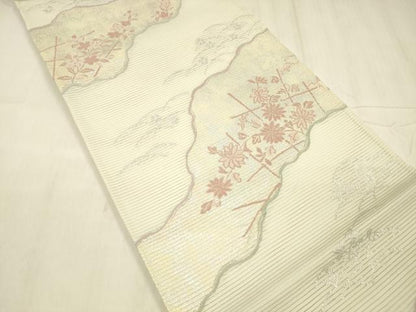 平和屋着物＊夏物 六通柄袋帯 草花文 銀糸 正絹 逸品 DABE6158cm
