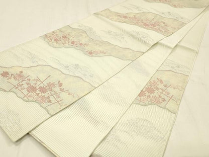 平和屋着物＊夏物 六通柄袋帯 草花文 銀糸 正絹 逸品 DABE6158cm