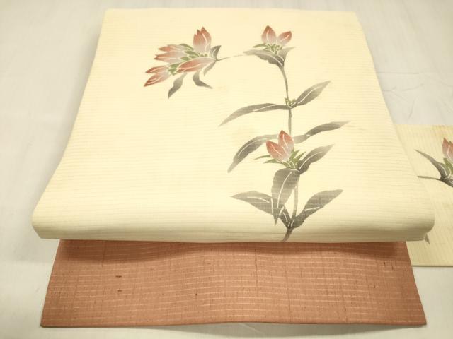 平和屋着物＊夏物 九寸名古屋帯 絽縮緬 型染 草花文 正絹 逸品 DABE6160cm