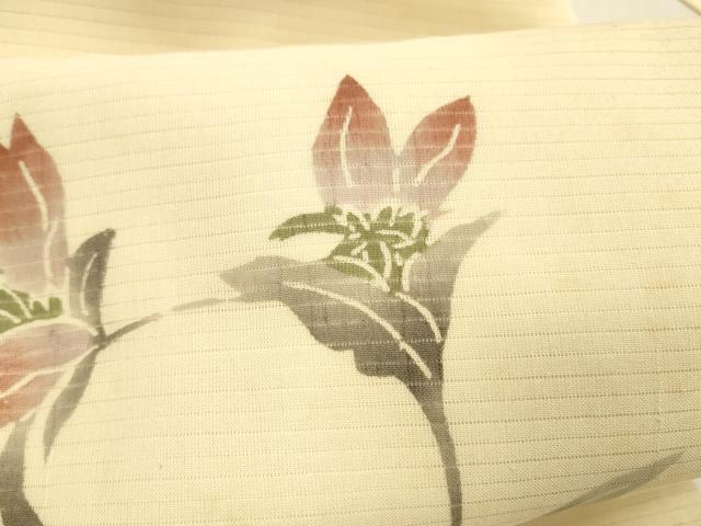 平和屋着物＊夏物 九寸名古屋帯 絽縮緬 型染 草花文 正絹 逸品 DABE6160cm