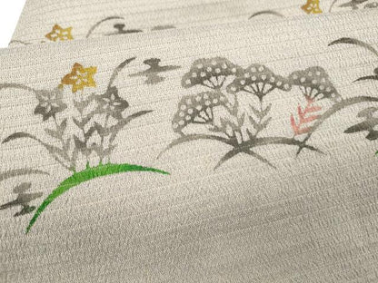 平和屋着物＊夏物 九寸名古屋帯 絽縮緬 型染 横段草花文 正絹 逸品 DABE6161cm