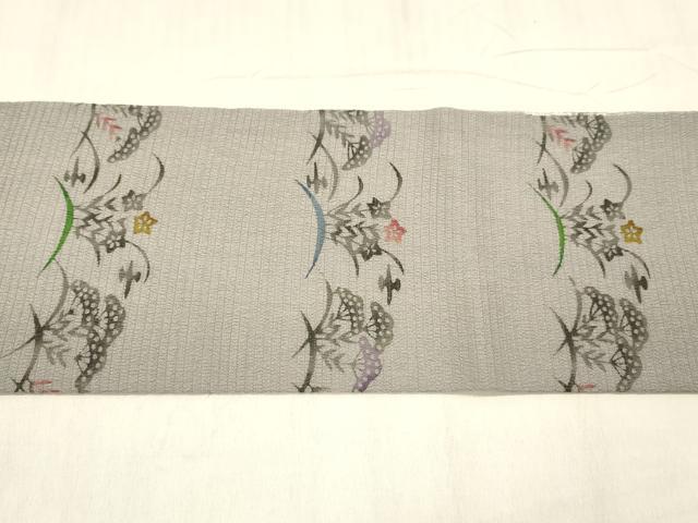 平和屋着物＊夏物 九寸名古屋帯 絽縮緬 型染 横段草花文 正絹 逸品 DABE6161cm