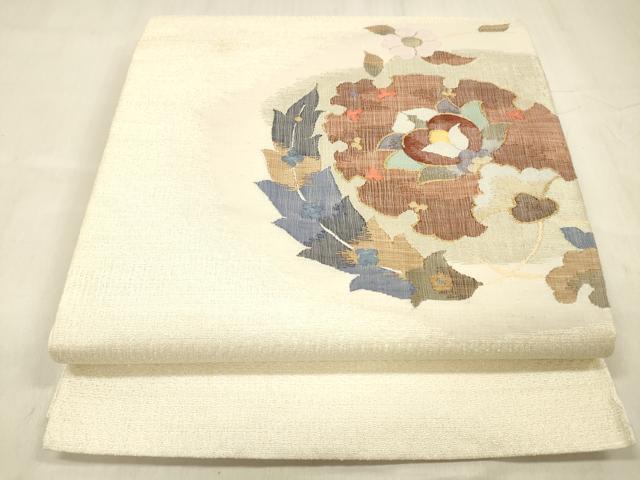 平和屋着物▽太鼓柄袋帯　スリーシーズン　春夏秋　すくい織　草花文　金銀糸　正絹　逸品　DABE6165cm
