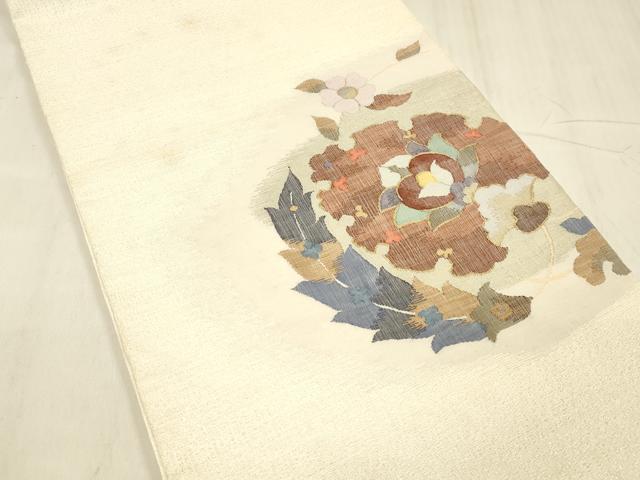 平和屋着物▽太鼓柄袋帯　スリーシーズン　春夏秋　すくい織　草花文　金銀糸　正絹　逸品　DABE6165cm