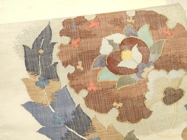 平和屋着物▽太鼓柄袋帯　スリーシーズン　春夏秋　すくい織　草花文　金銀糸　正絹　逸品　DABE6165cm