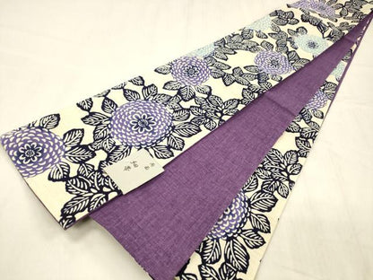 平和屋着物●両面　半幅帯　藍　型染　草花文　蒲葡色　綿　逸品　DABE6166cm