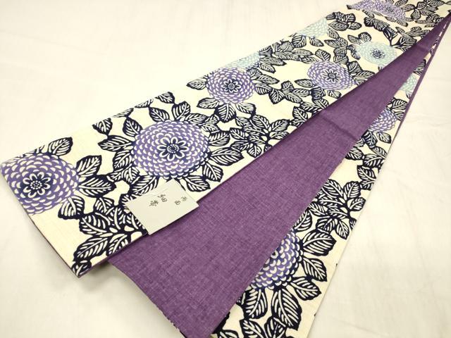 平和屋着物●両面　半幅帯　藍　型染　草花文　蒲葡色　綿　逸品　DABE6166cm