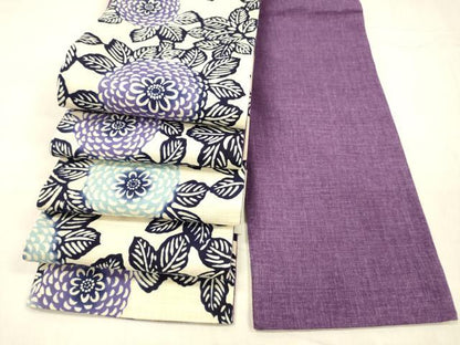 平和屋着物●両面　半幅帯　藍　型染　草花文　蒲葡色　綿　逸品　DABE6166cm