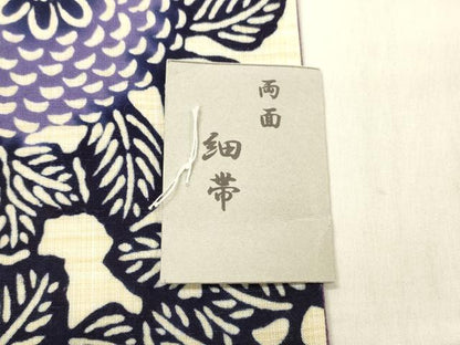 平和屋着物●両面　半幅帯　藍　型染　草花文　蒲葡色　綿　逸品　DABE6166cm