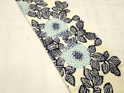 平和屋着物●両面　半幅帯　藍　型染　草花文　蒲葡色　綿　逸品　DABE6166cm